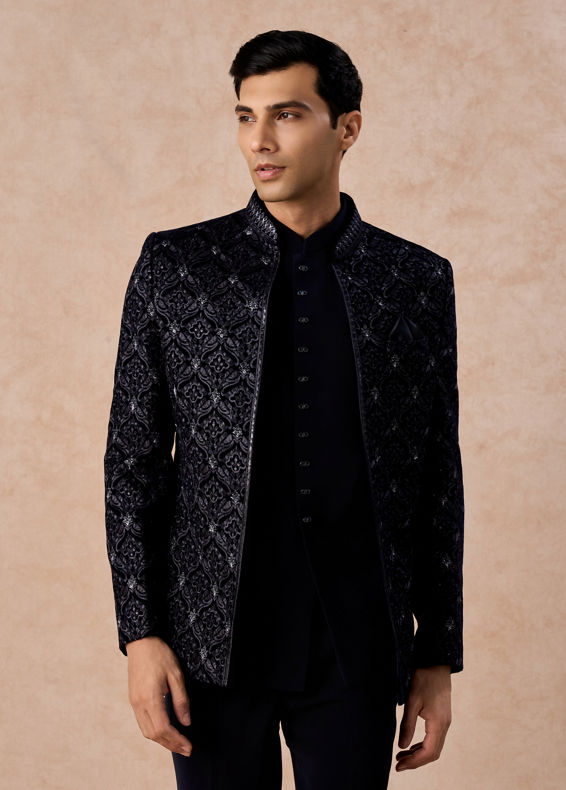 Manyavar Men Dark Blue Velvet Open Jodhpuri Suit