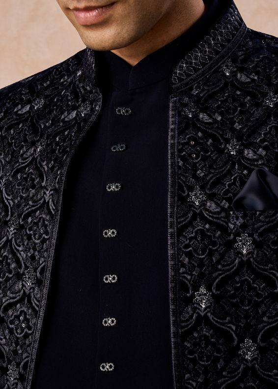 Manyavar Men Dark Blue Velvet Open Jodhpuri Suit