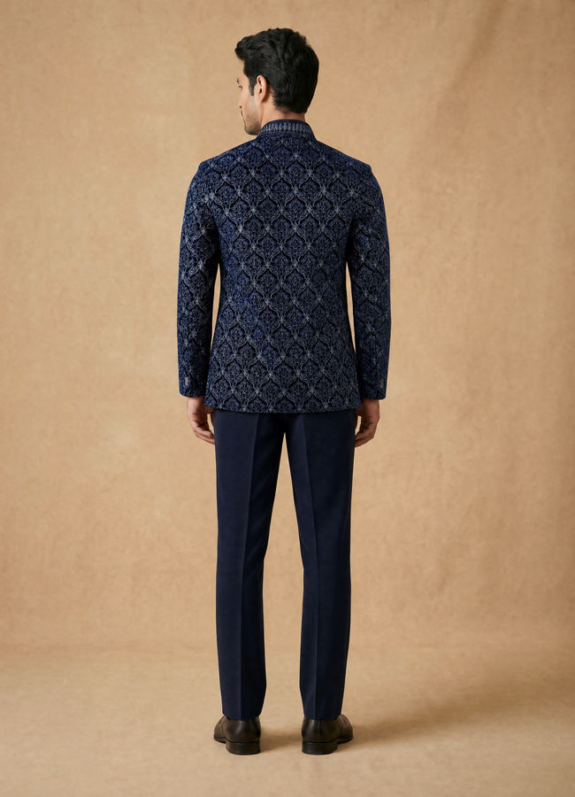 Manyavar Men Dark Blue Velvet Open Jodhpuri Suit