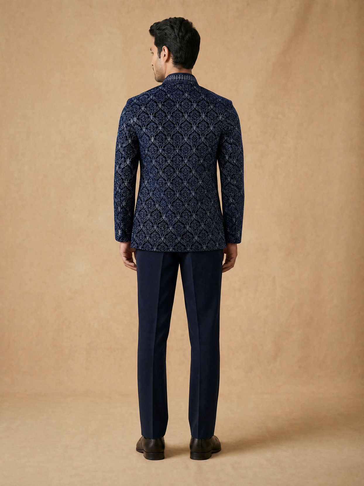 Manyavar Men Dark Blue Velvet Open Jodhpuri Suit