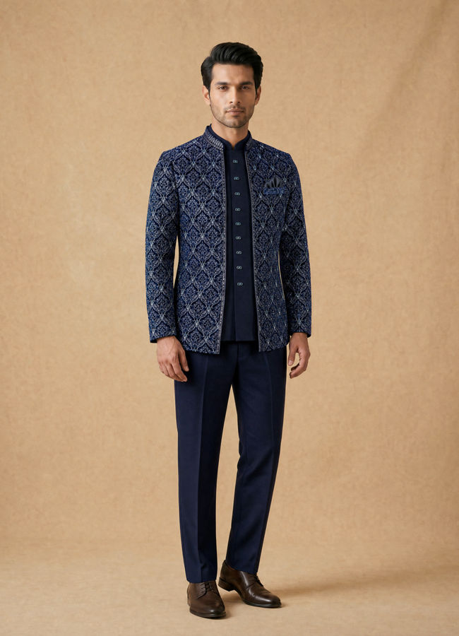 Manyavar Men Dark Blue Velvet Open Jodhpuri Suit