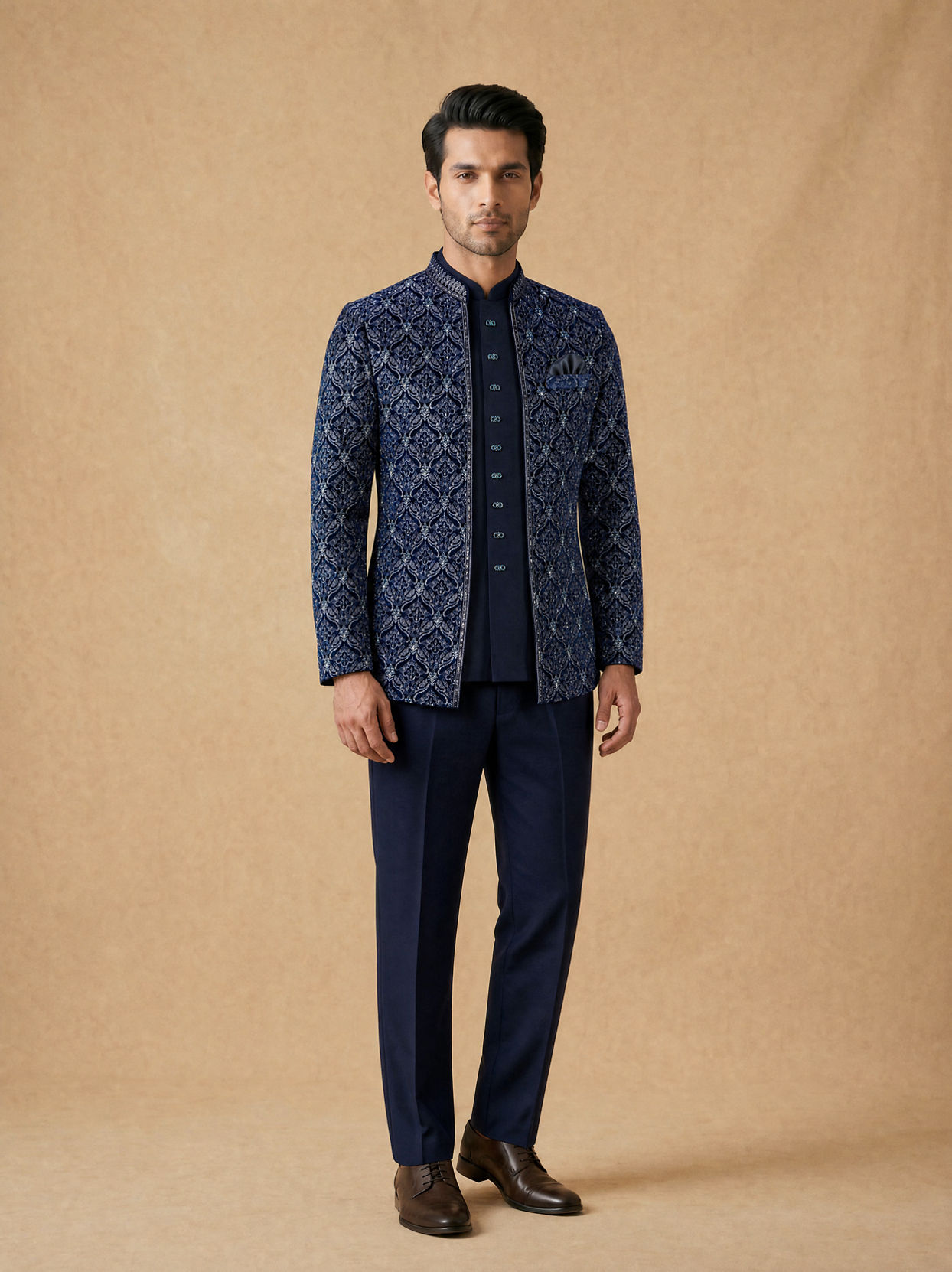 Manyavar Men Dark Blue Velvet Open Jodhpuri Suit