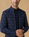 Manyavar Men Dark Blue Velvet Open Jodhpuri Suit