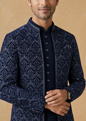 Manyavar Men Dark Blue Velvet Open Jodhpuri Suit