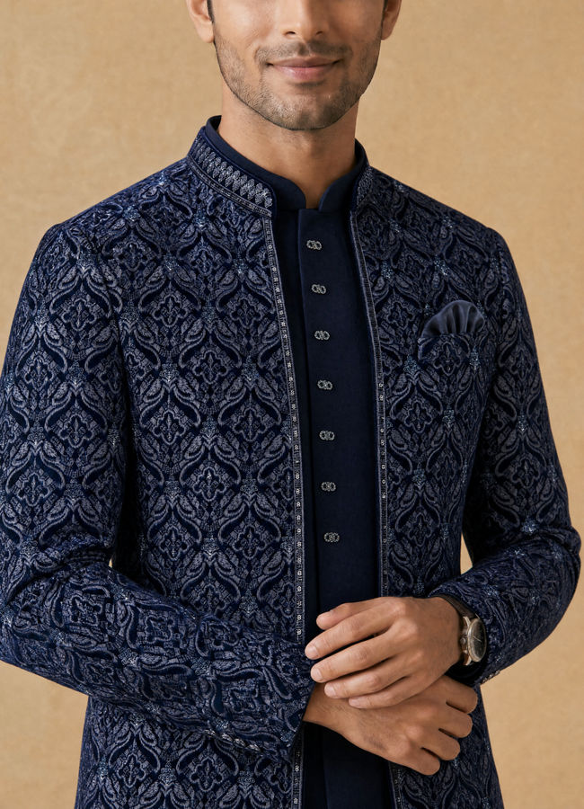 Manyavar Men Dark Blue Velvet Open Jodhpuri Suit