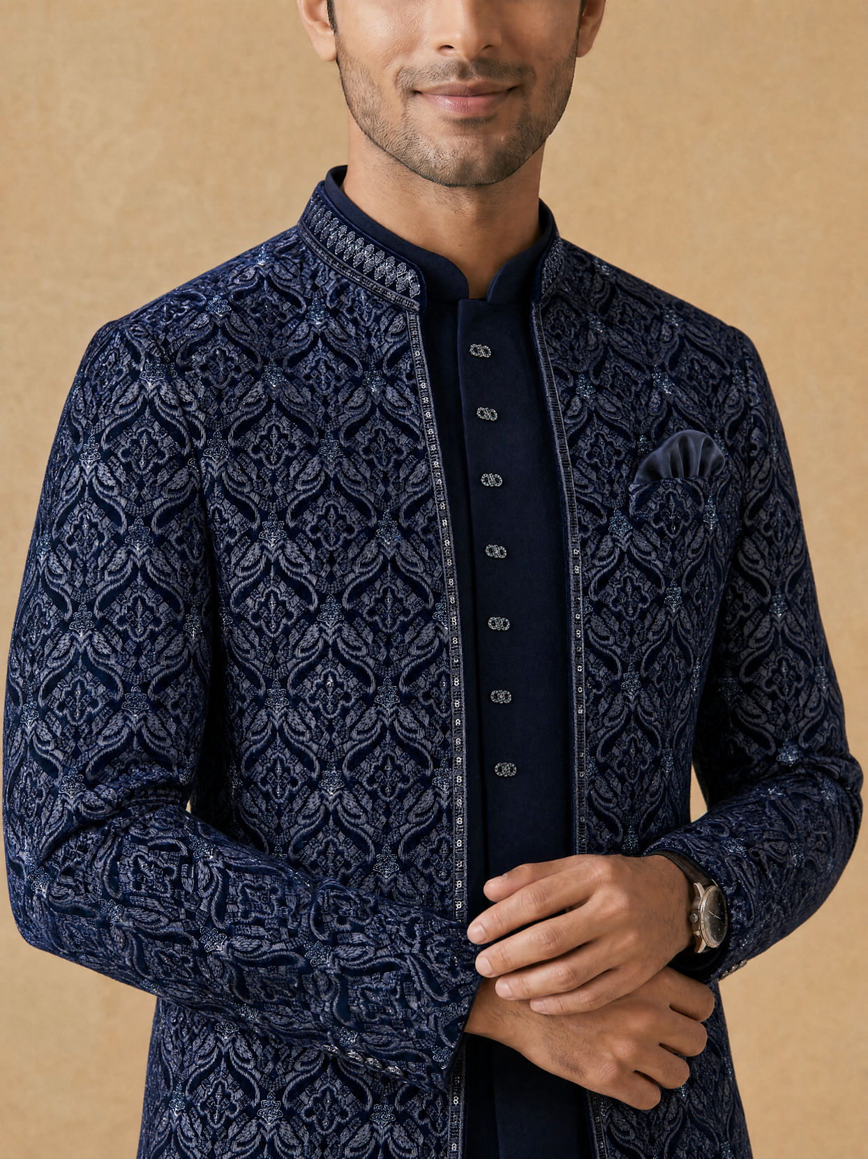 Manyavar Men Dark Blue Velvet Open Jodhpuri Suit