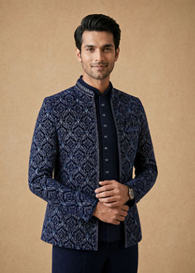 Manyavar Men Dark Blue Velvet Open Jodhpuri Suit