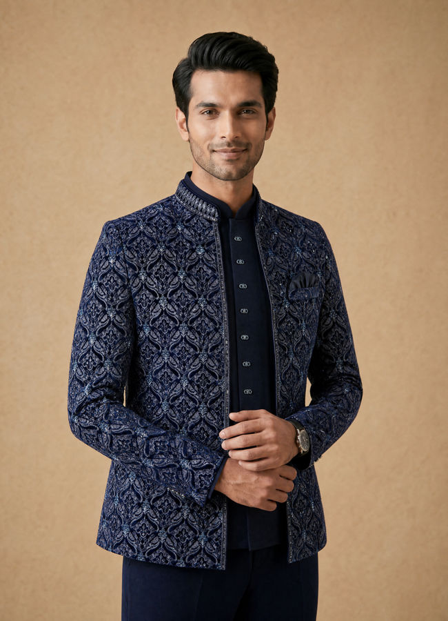 Manyavar Men Dark Blue Velvet Open Jodhpuri Suit