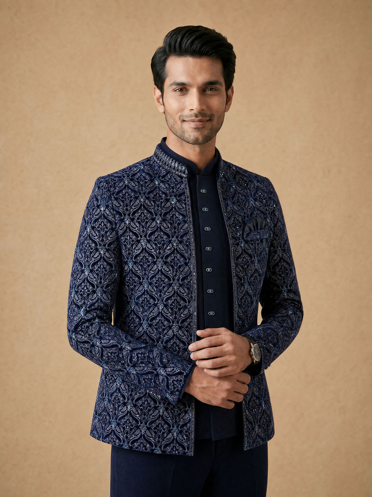 Manyavar Men Dark Blue Velvet Open Jodhpuri Suit