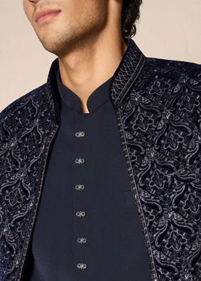 Manyavar Men Dark Blue Velvet Open Jodhpuri Suit