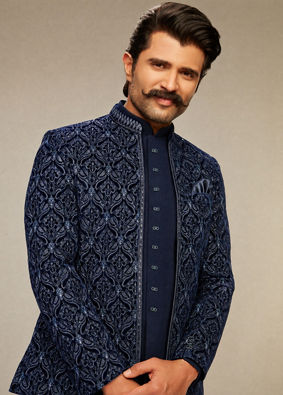 Manyavar Men Dark Blue Velvet Open Jodhpuri Suit
