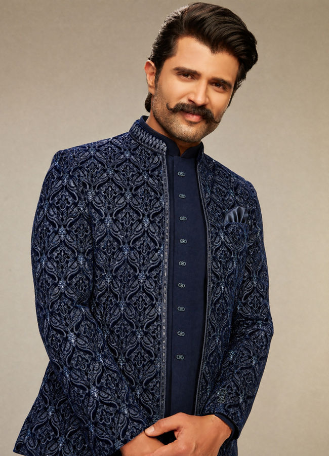 Manyavar Men Dark Blue Velvet Open Jodhpuri Suit