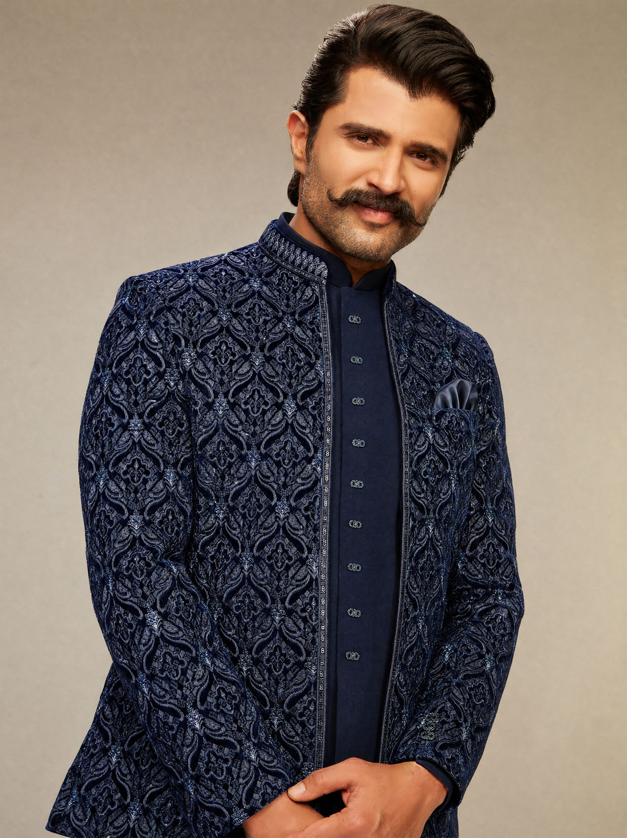Manyavar Men Dark Blue Velvet Open Jodhpuri Suit