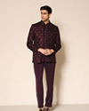 Manyavar Men Wine Velvet Embroidered Jodhpuri Suit