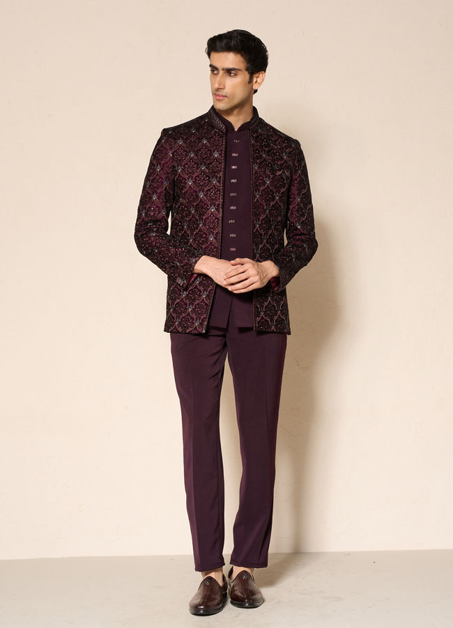 Manyavar Men Wine Velvet Embroidered Jodhpuri Suit