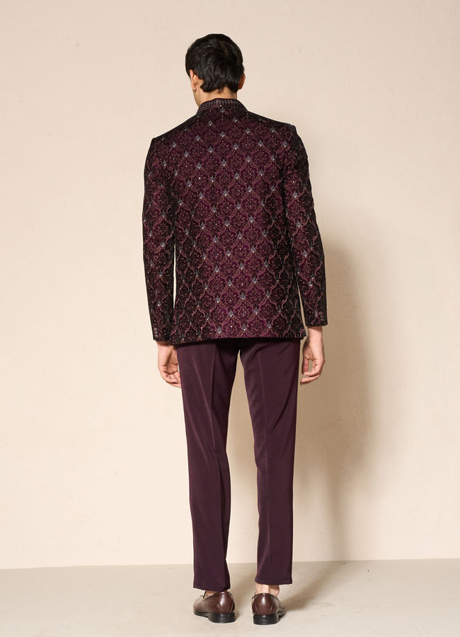 Manyavar Men Wine Velvet Embroidered Jodhpuri Suit