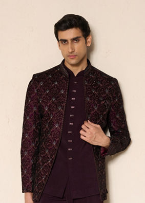 Manyavar Men Wine Velvet Embroidered Jodhpuri Suit