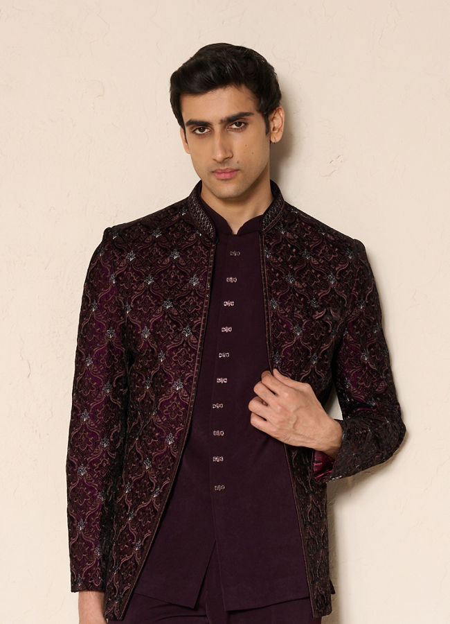 Manyavar Men Wine Velvet Embroidered Jodhpuri Suit