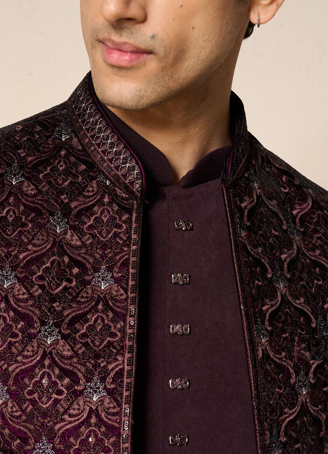Manyavar Men Wine Velvet Embroidered Jodhpuri Suit