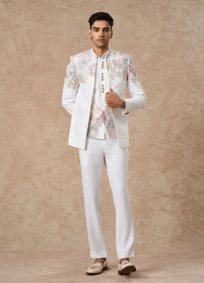 Manyavar Men White Blended Rayon Jodhpuri Suit