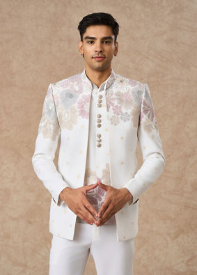 Manyavar Men White Blended Rayon Jodhpuri Suit
