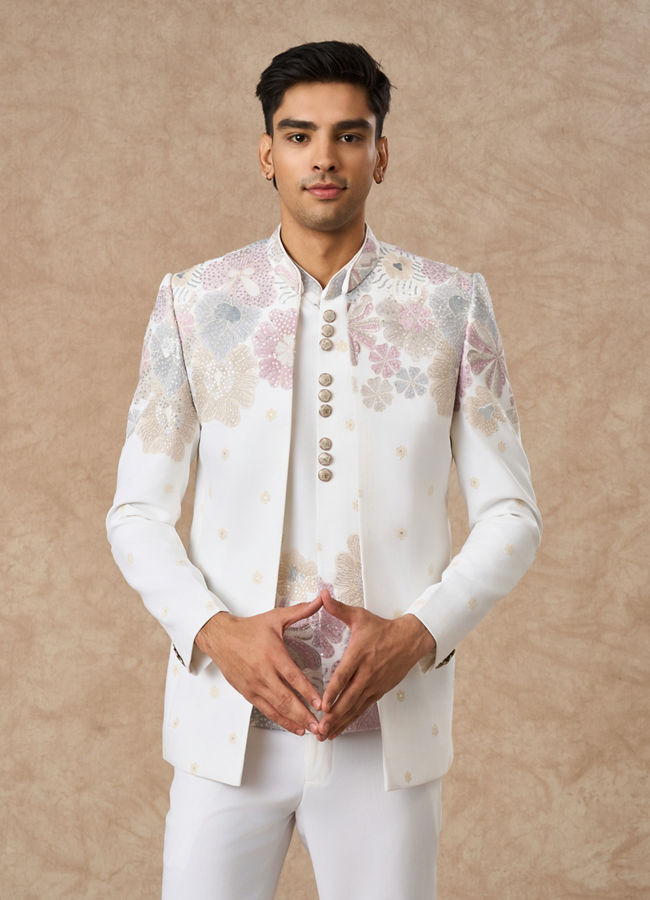 Manyavar Men White Blended Rayon Jodhpuri Suit