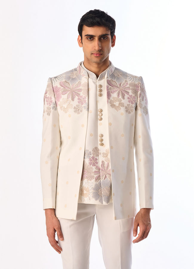Manyavar Men White Blended Rayon Jodhpuri Suit