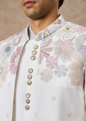 Manyavar Men White Blended Rayon Jodhpuri Suit