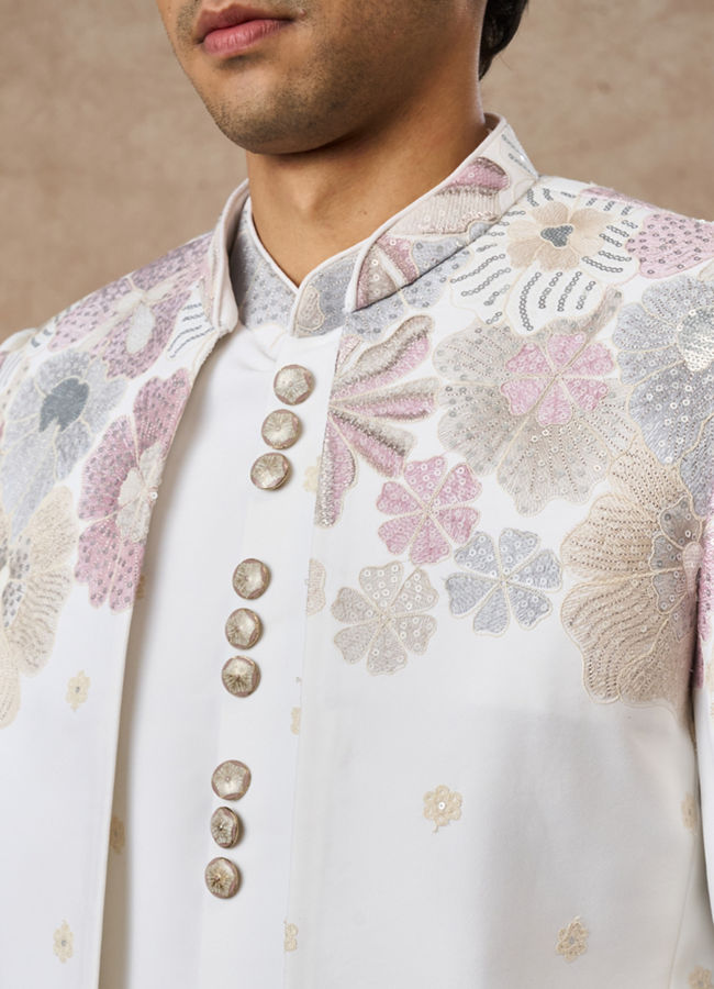 Manyavar Men White Blended Rayon Jodhpuri Suit
