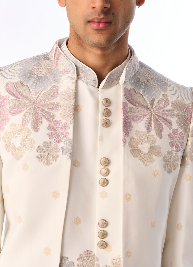 Manyavar Men White Blended Rayon Jodhpuri Suit