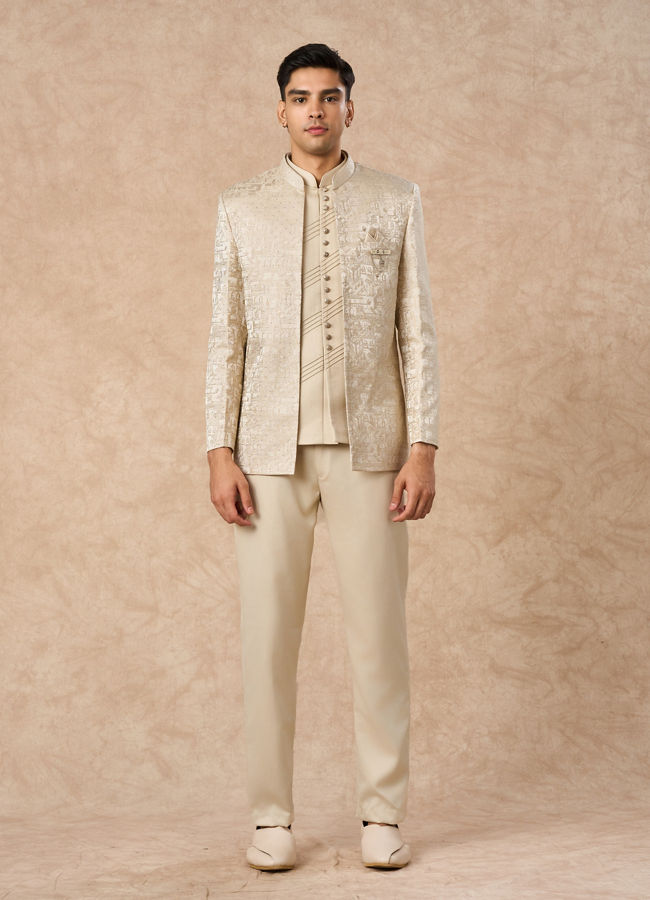 Manyavar Men Beige Blended Rayon Jodhpuri Suit with Embroidery