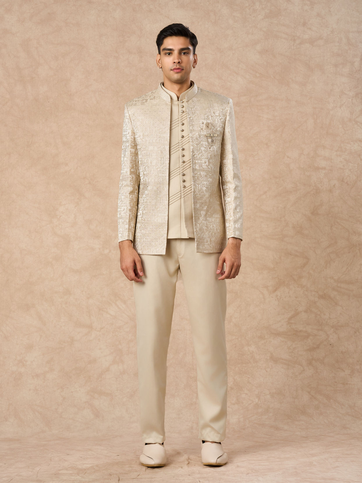 Manyavar Men Beige Blended Rayon Jodhpuri Suit with Embroidery