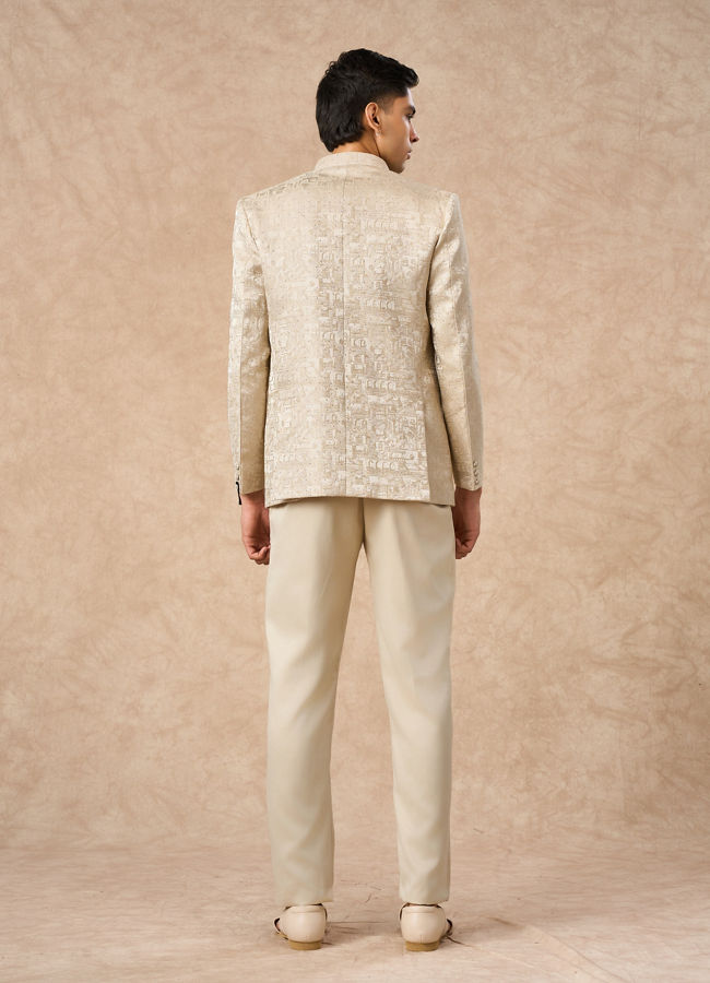 Manyavar Men Beige Blended Rayon Jodhpuri Suit with Embroidery