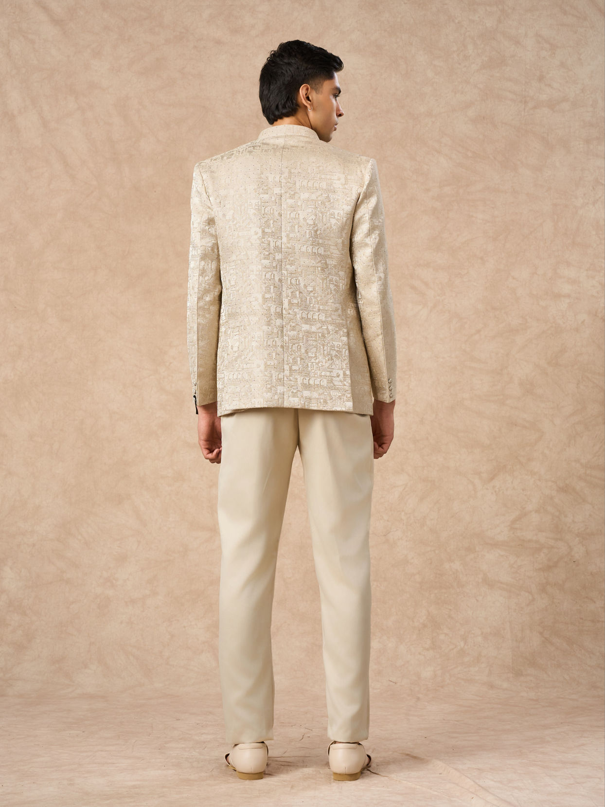 Manyavar Men Beige Blended Rayon Jodhpuri Suit with Embroidery