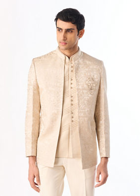 Manyavar Men Beige Blended Rayon Jodhpuri Suit with Embroidery