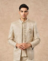 Manyavar Men Beige Blended Rayon Jodhpuri Suit with Embroidery