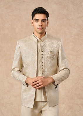 Manyavar Men Beige Blended Rayon Jodhpuri Suit with Embroidery
