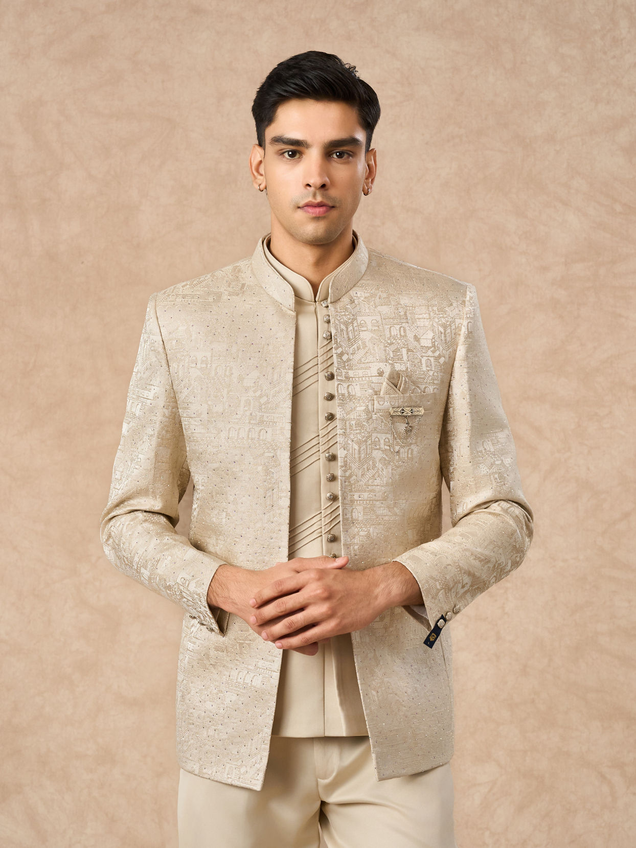 Manyavar Men Beige Blended Rayon Jodhpuri Suit with Embroidery