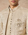 Manyavar Men Beige Blended Rayon Jodhpuri Suit with Embroidery