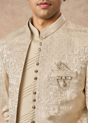 Manyavar Men Beige Blended Rayon Jodhpuri Suit with Embroidery
