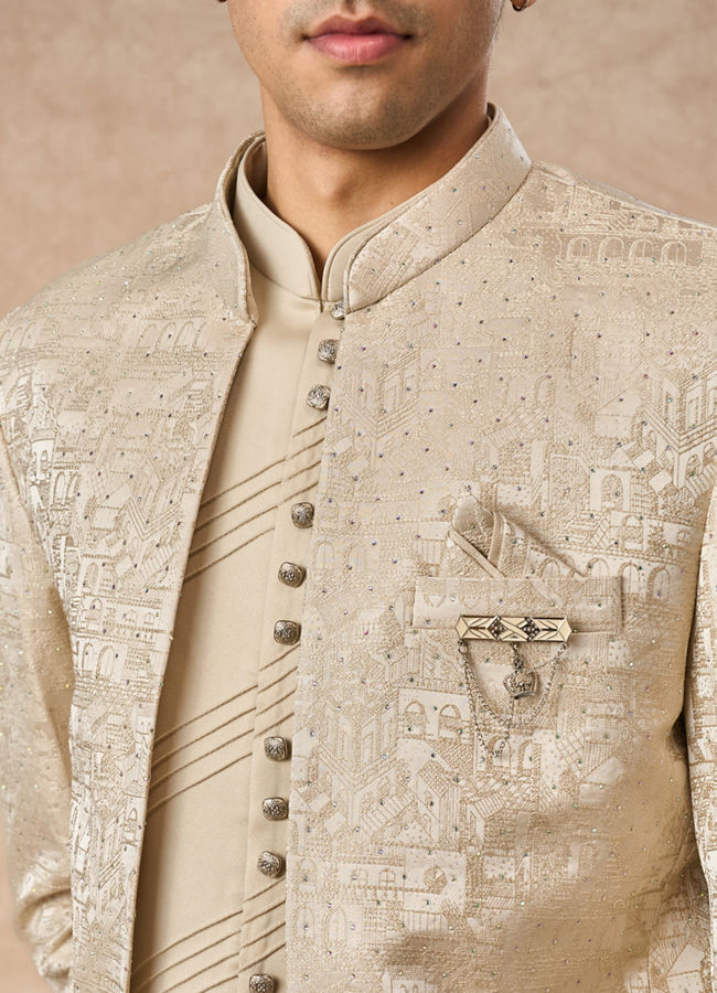Manyavar Men Beige Blended Rayon Jodhpuri Suit with Embroidery