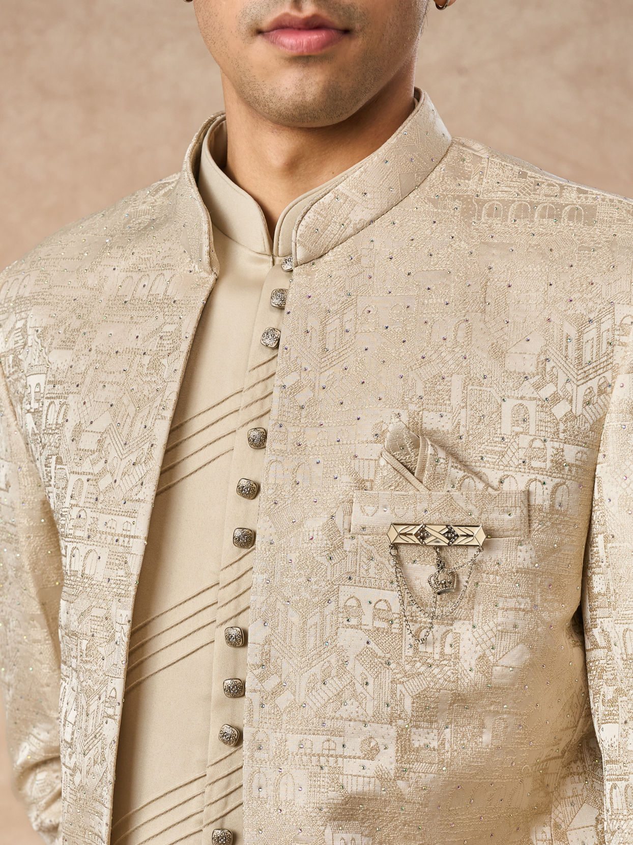 Manyavar Men Beige Blended Rayon Jodhpuri Suit with Embroidery