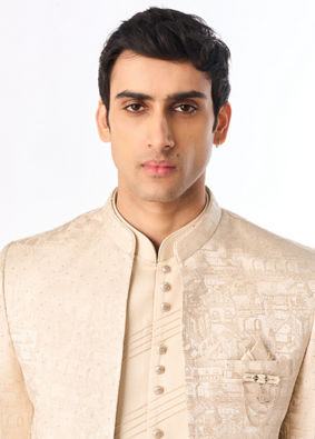 Manyavar Men Beige Blended Rayon Jodhpuri Suit with Embroidery