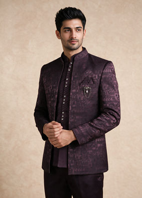 Manyavar Men Wine Blended Rayon Jodhpuri Suit