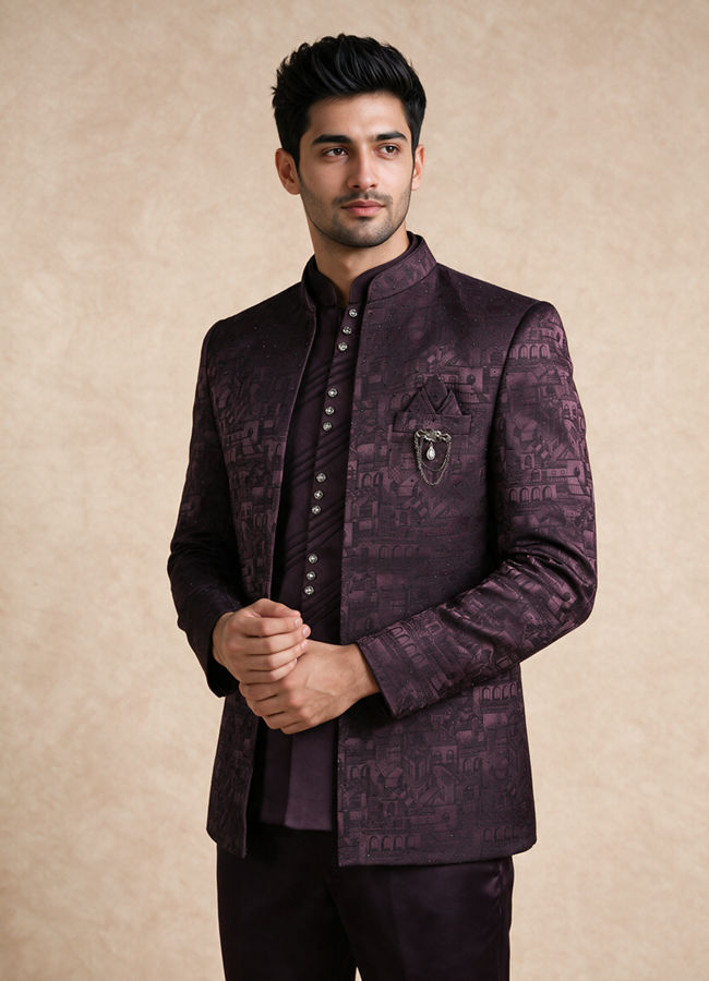 Manyavar Men Wine Blended Rayon Jodhpuri Suit