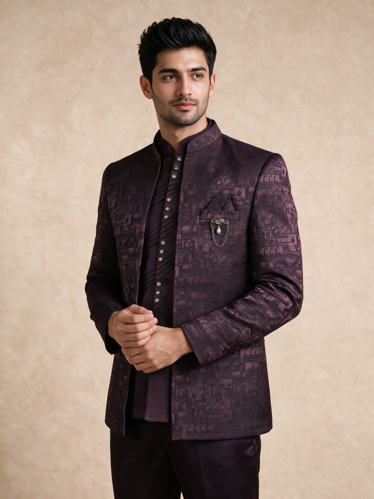 Manyavar Men Wine Blended Rayon Jodhpuri Suit