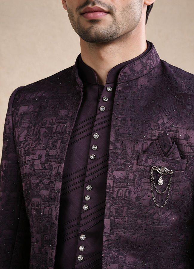 Manyavar Men Wine Blended Rayon Jodhpuri Suit