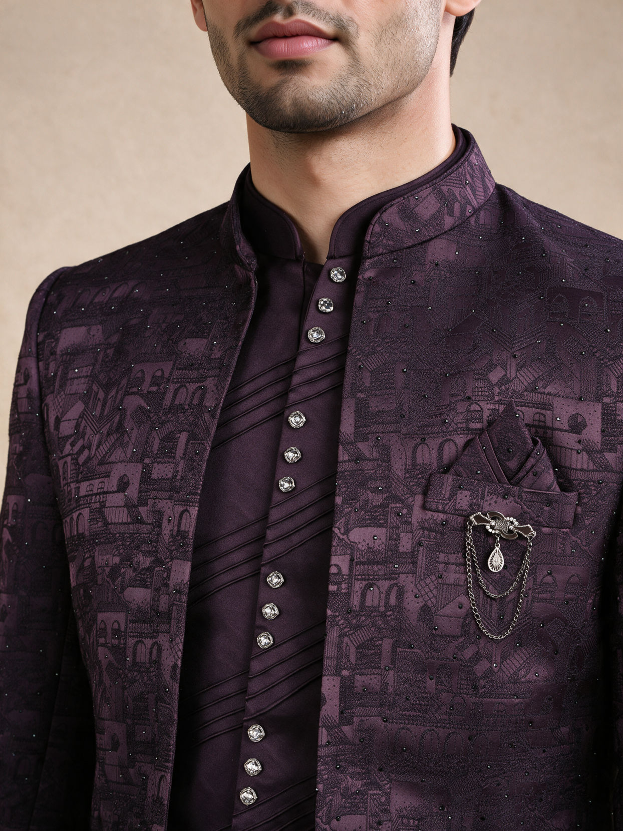 Manyavar Men Wine Blended Rayon Jodhpuri Suit