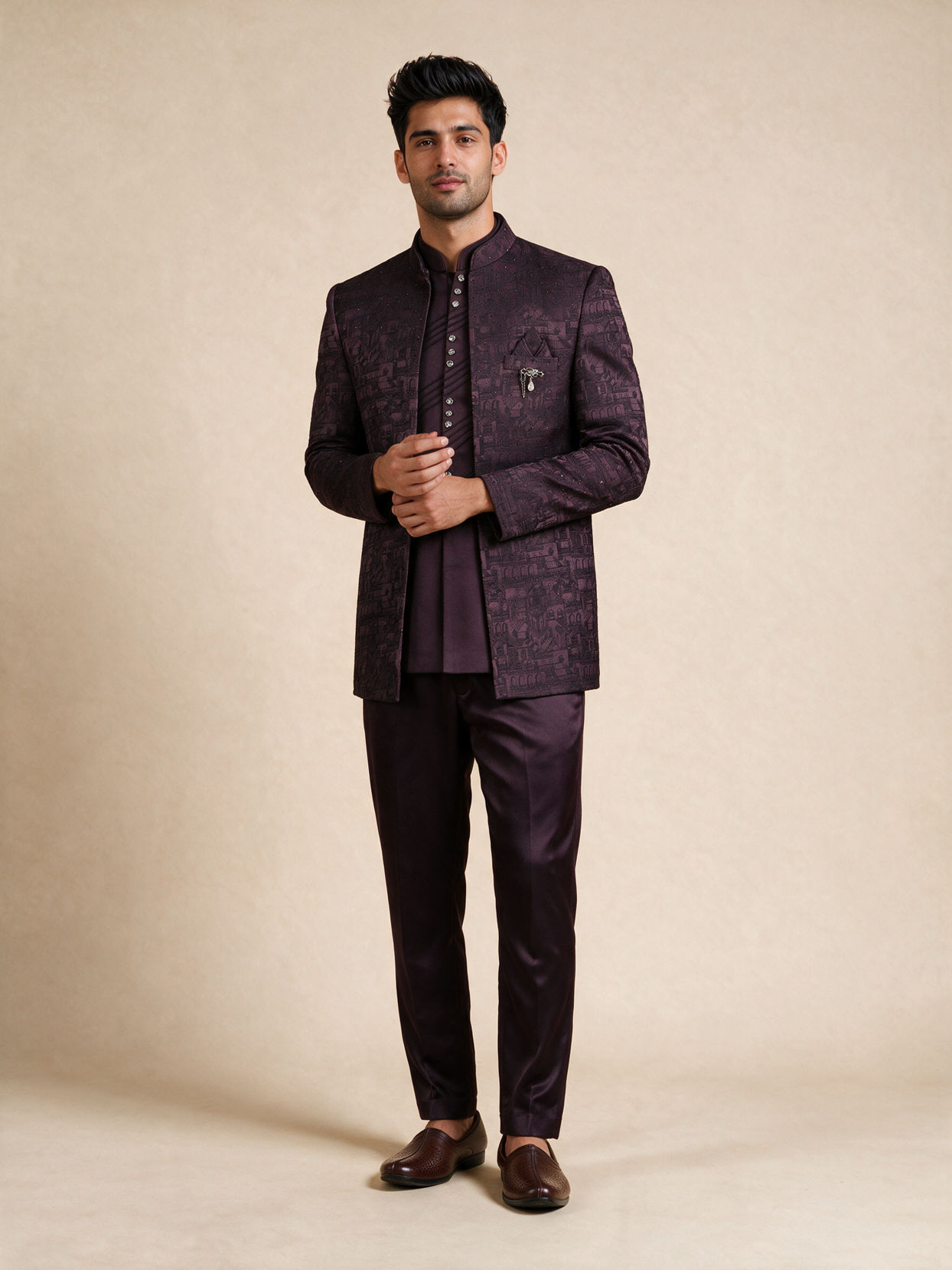 Manyavar Men Wine Blended Rayon Jodhpuri Suit