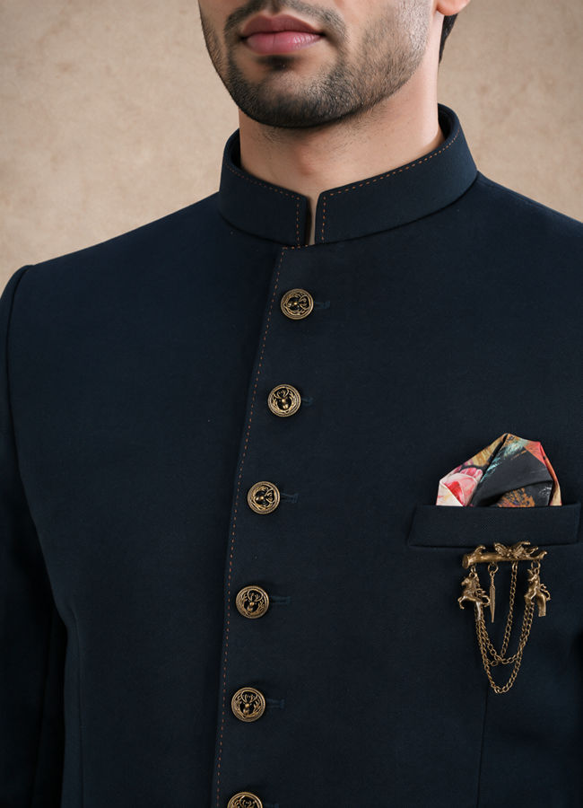 Manyavar Men Blue Knit Jodhpuri Suit with Embellishments